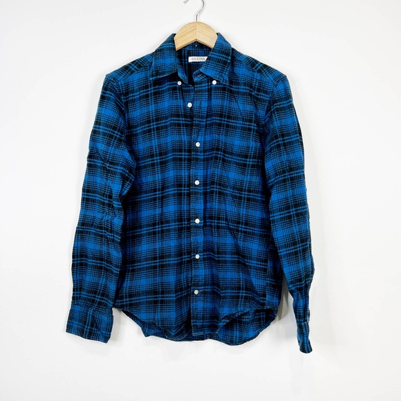 Gustin mens slim long blue black flannel plaid button down shirt size Medium - Picture 1 of 4
